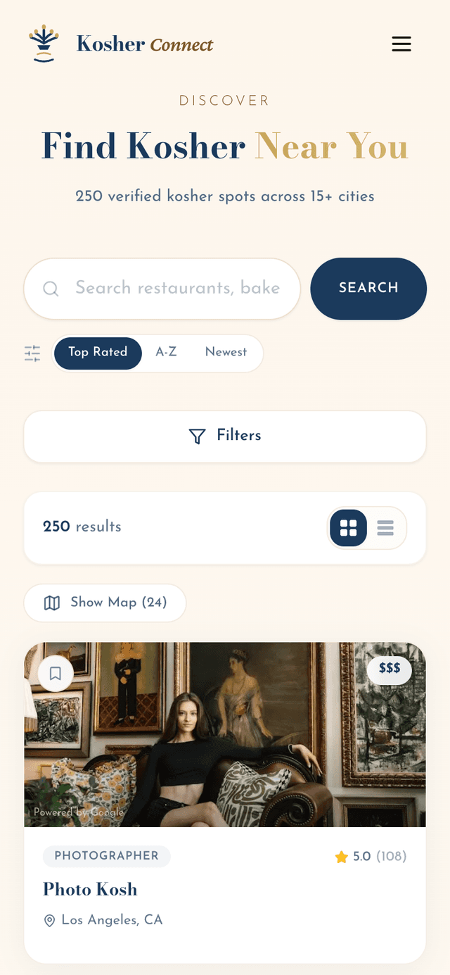 Kosher Connect explore page showing nearby kosher restaurants
